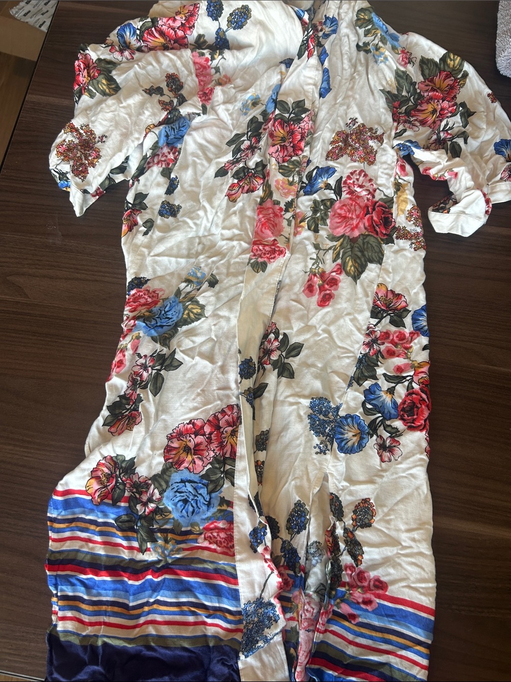 Floral Cream Kimono with Multicolor Stripe Hem